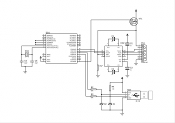 <Схема переходника, стандартный v-usb   UART<->RS232 на max232   подача питания на 1-й вывод и, через канал max232 - на 8-й