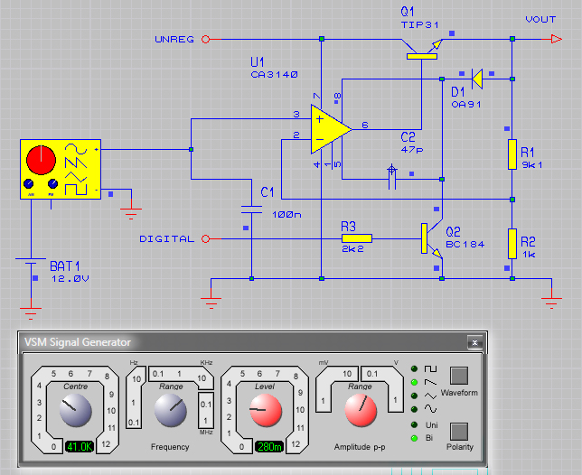Лицевая панель сигнал генератора, его пиктограмма и пример подключения к схеме