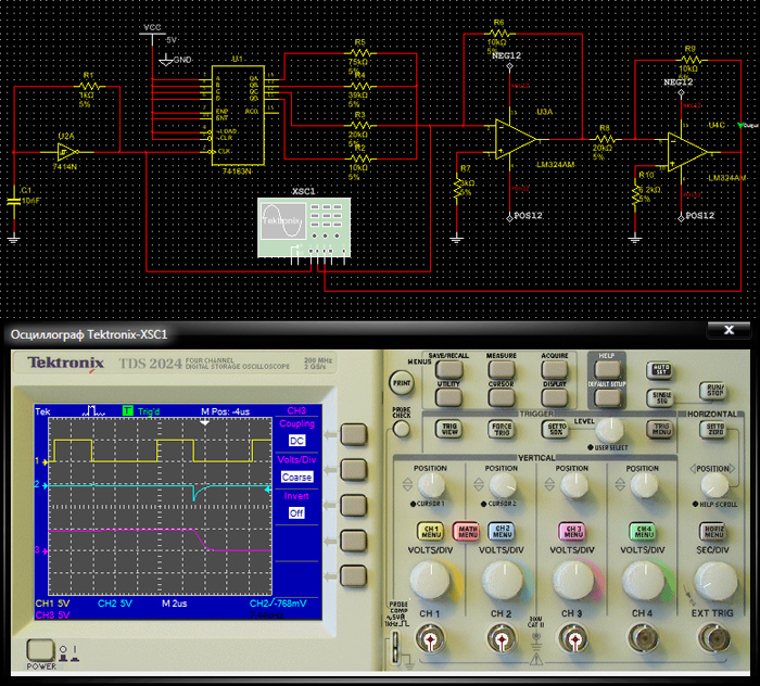 Лицевая панель виртуального осциллографа Tektronix и пример его подключения к схеме.