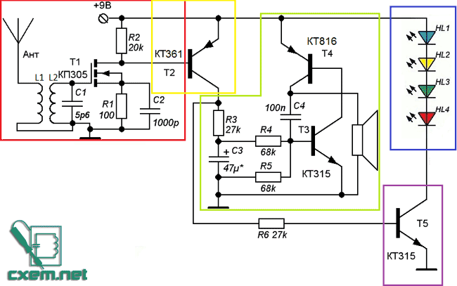Схема свето-звукового радиодетектора