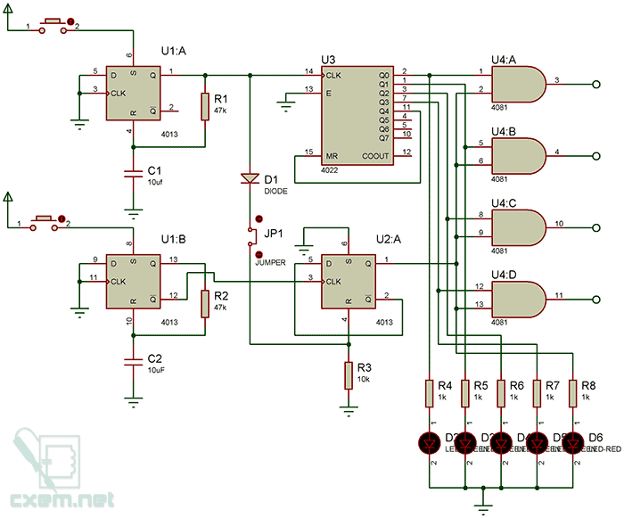 Схема сенсорного выключателя с селектором выхода