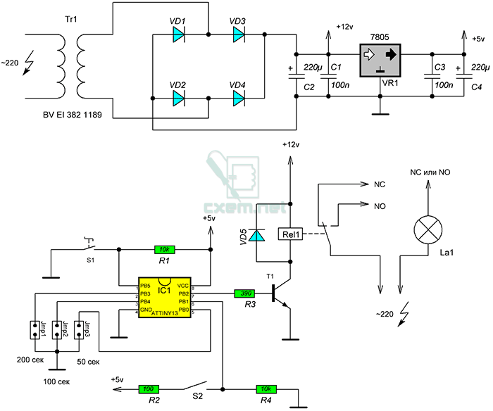 Схема автоматического выключателя света с таймером
