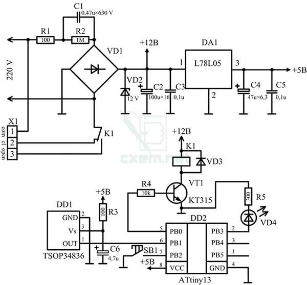 Схема дистанционного ИК выключателя на AVR-микроконтроллере