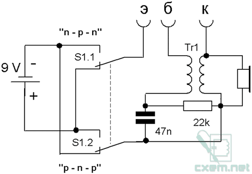 Схема пробника транзисторов