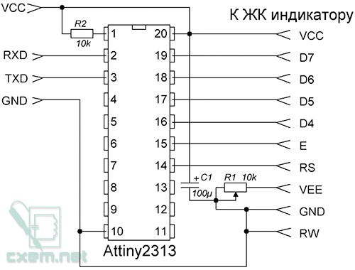 Схема переходника ЖКИ HD44780 в UART