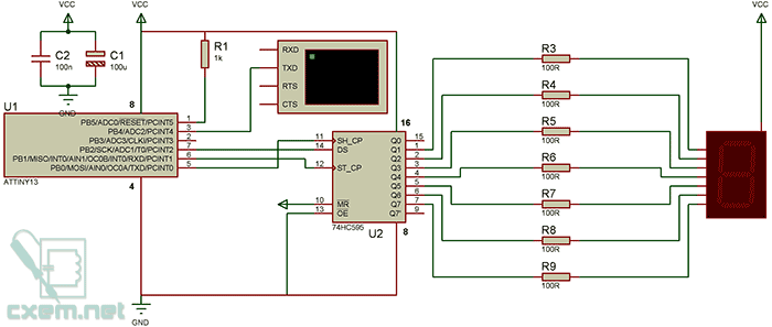 Схема подключения семисегментного индикатора по UART на Attiny13