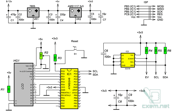 Схема термометра на датчике SE97B и AVR-микроконтроллере