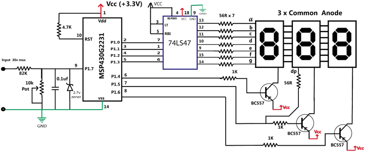 Схема вольтметра до 30В на MSP430