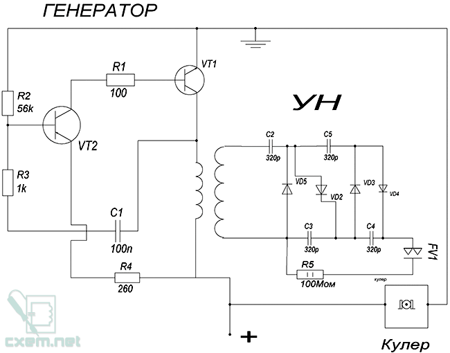 Схема озонатора воздуха на двух транзисторах
