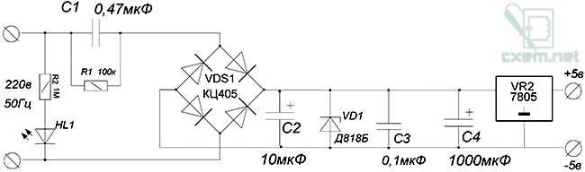 Схема бестрансформаторного БП 5В на стабилизаторе 7805