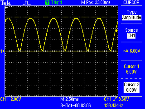 Процесс работы диодного моста без сглаживающего конденсатора C1 c частотой питания 100Гц
