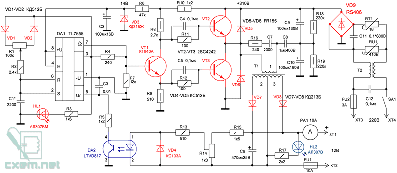 Схема полумостового инвертора в зарядном устройстве