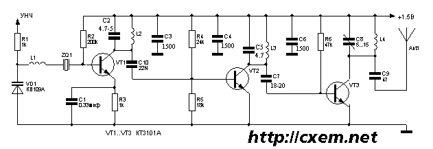 Схема кварцевого ЧМ передатчика с высоким КПД на 418,8 MHz
