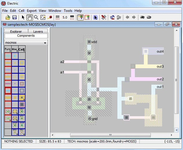 Рабочее окно режима проектирования макета Electric VLSI Design System