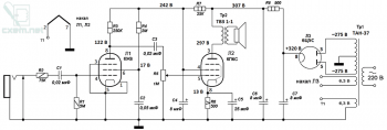 Схема лампового гитарного усилителя на лампах 6Ж8 и 6П6С