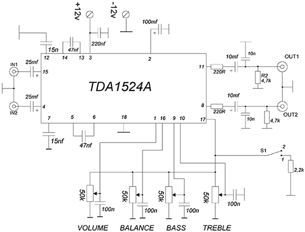 Схема темброблока на TDA1524