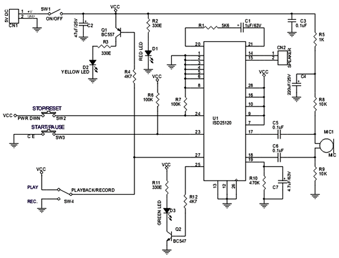 Схема устройства для записи звука на ISD25120