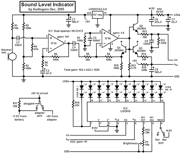Схема индикатора уровня звука на LM3915