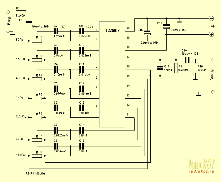 Схема 7-полосного эквалайзера на одной микросхеме (LA3607)