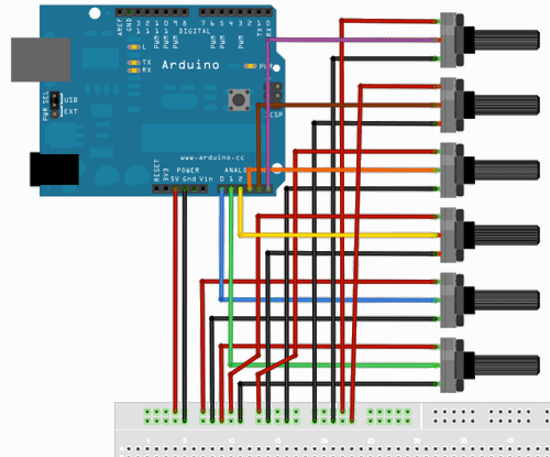Arduino и 6 потенциометров