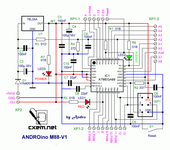 Принципиальная схема отладочной платы ANDROino M88-V1