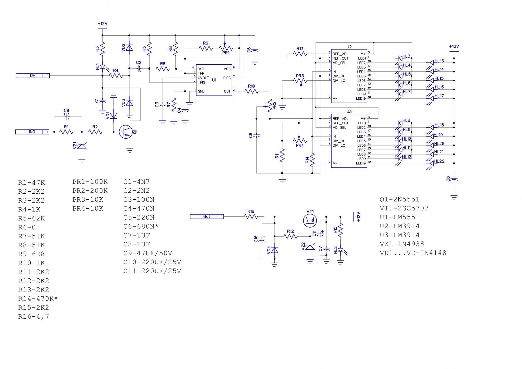 Принципиальная схема светодиодной шкалы-тахометра на микросхемах LM3914