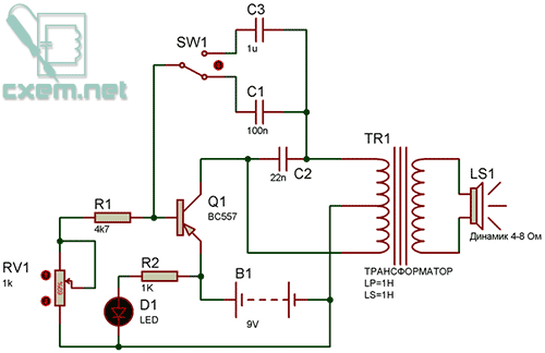 Схема простого генератора звуков на одном транзисторе
