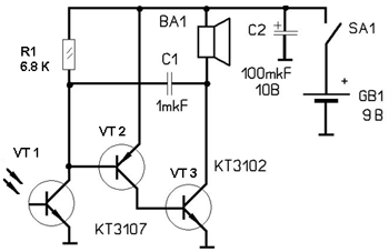 Схема генератора управляемого светом (светофон)