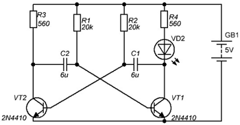 Схема мультивибратора на 2-х транзисторах