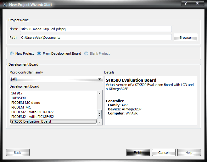 Окно New Project Wizard: Start, установка переключателя в позицию From Development Board