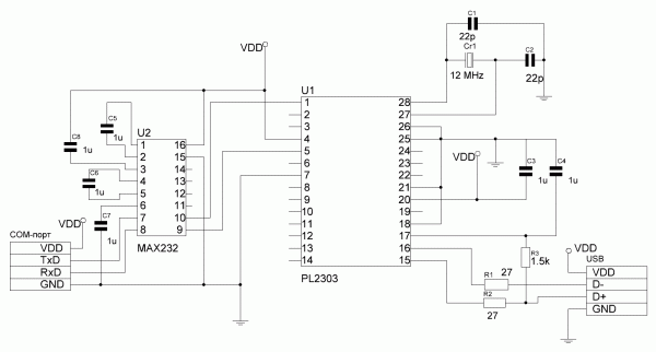 Схема переходника USB-COM-порт на микросхеме PL2303 с сопряжение уровней