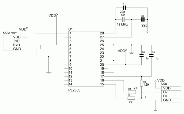Схема переходника USB-COM-порт на микросхеме PL2303 без сопряжение уровней