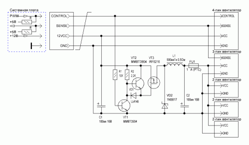 Рис. 6 принципиальная схема управления BLDC-вентиляторами «ведущий (4-pin)-ведомый (2-pin)»