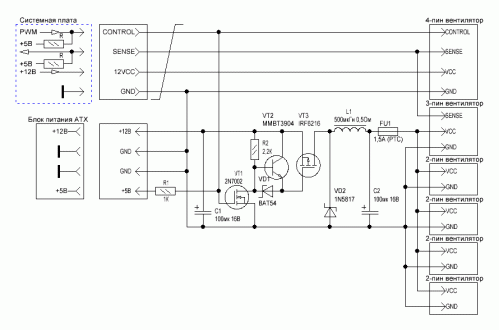 Рис. 7 Принципиальная схема управления вентиляторами (универсальная) с питанием от шины  12В Molex