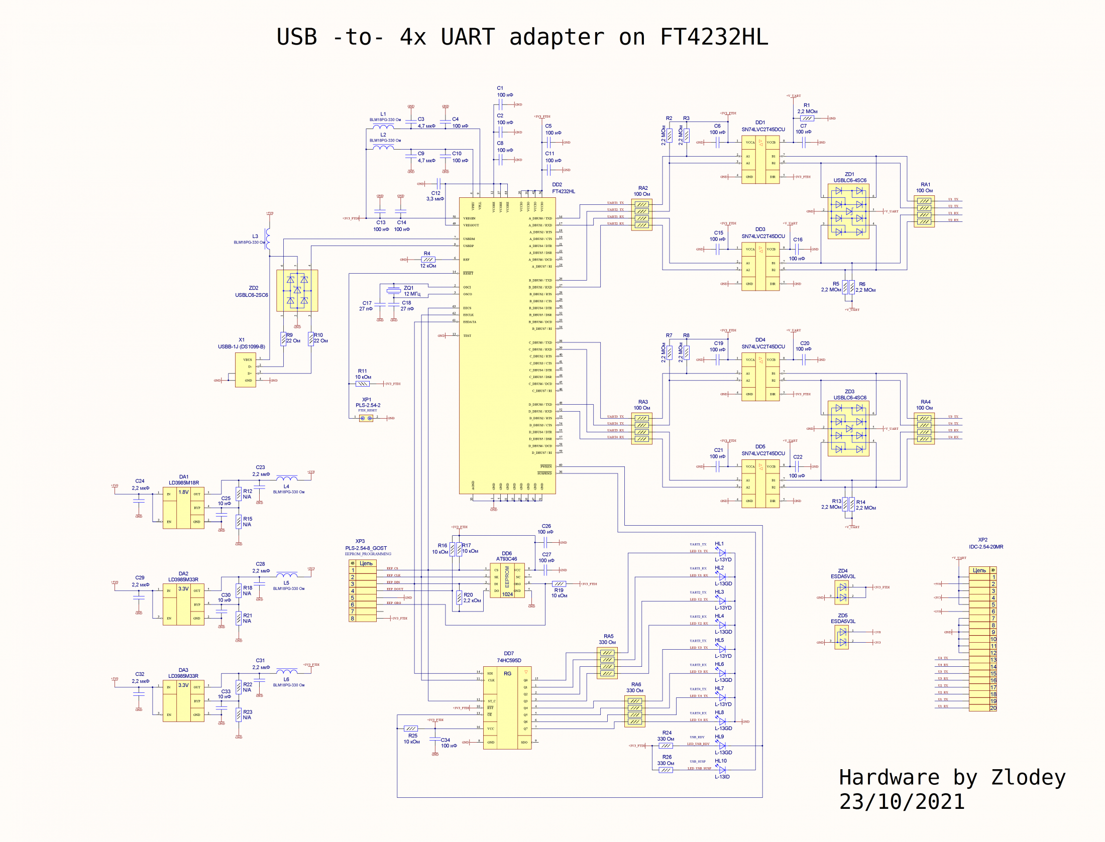Схема 4-х портового USB-UART адаптера на чипе FT4232HL