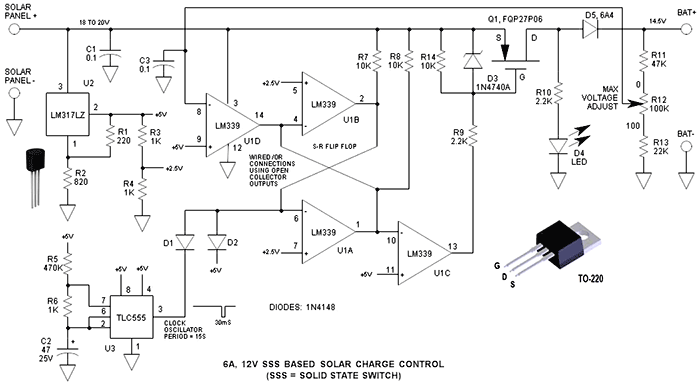 Схема полупроводникового переключателя для солнечного ЗУ 12В, 6A