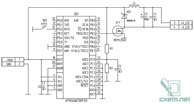 Принципиальная схема светодиодного фонаря на микроконтроллере