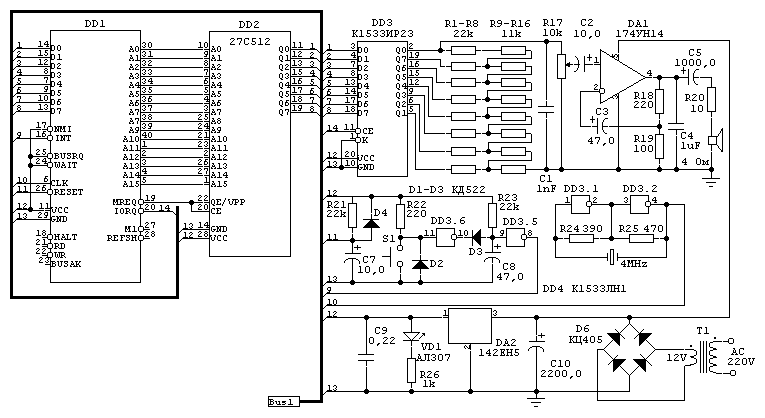 Схема музыкального дверного звонка на микросхемах и ПЗУ