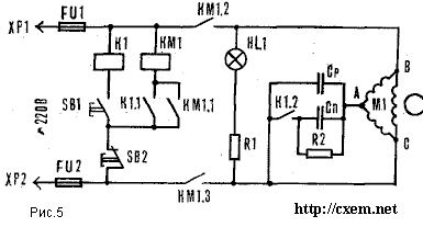 Электрическая схема пускового устройства с автоматическим отключением конденсатора