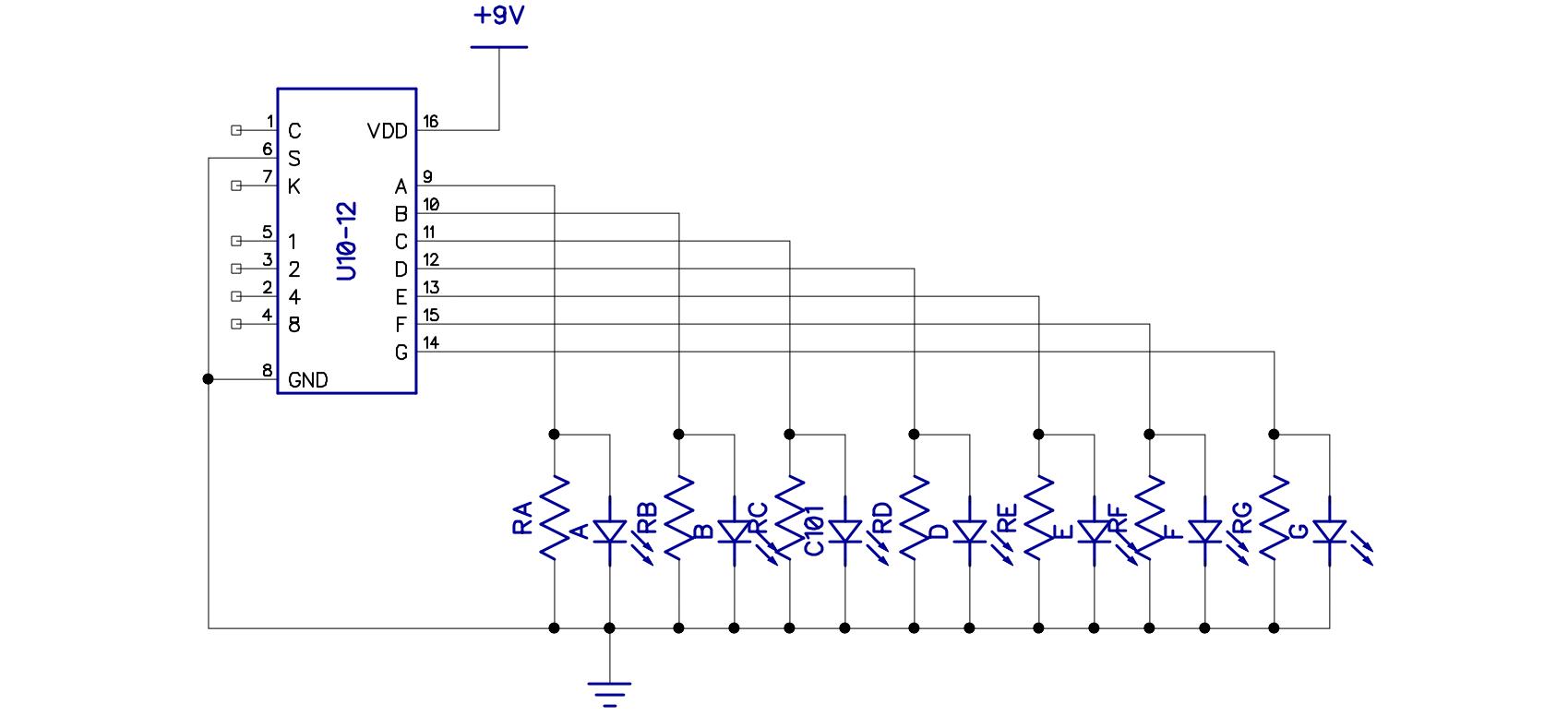 вариант подключения семисегментного индикатора с общим катодом к микросхеме К176ИД3