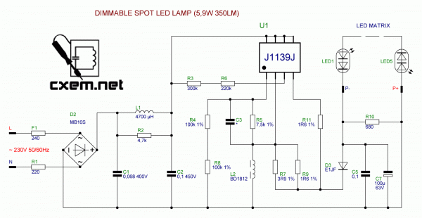 Принципиальная схема светодиодной лампы на микросхеме J1139J