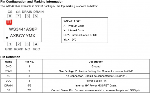 Маркировка и назначение выводов микросхемы WS3441AS8P