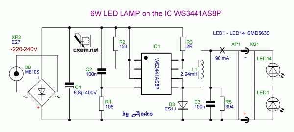Принципиальная электрическая схема простой светодиодная лампа мощностью 6 Вт на микросхеме WS3441AS8P