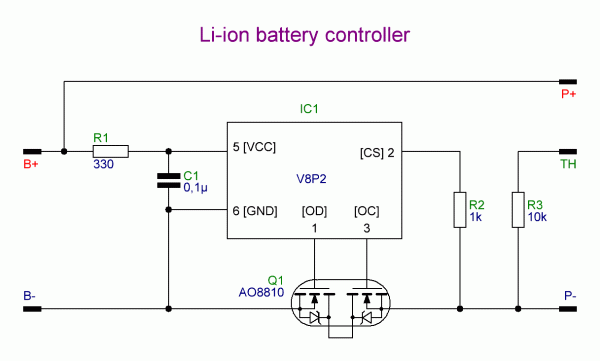 Принципиальная электрическая схема модуля защиты литий-ионного аккумулятора