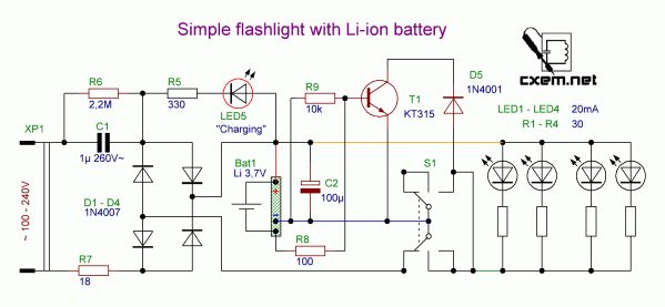 Принципиальная схема модифицированного фонарика с литиевым аккумулятором