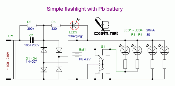 Принципиальная электрическая схема фонарика со свинцовым аккумулятором
