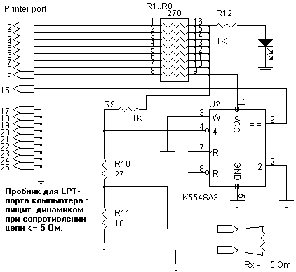 Схема пробника электроцепей с применением компьтерного LPT-порта