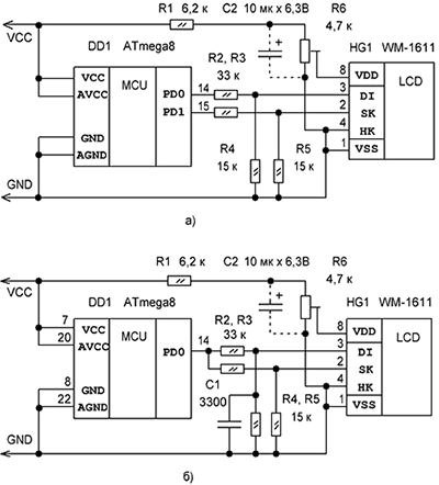 Схема подключения ЖКИ WM-1611 к микроконтроллеру