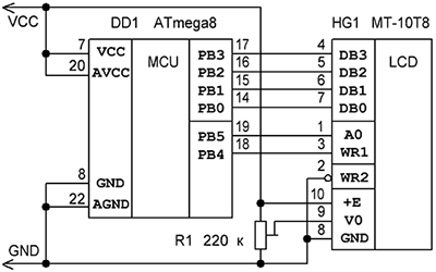 Схема подключения ЖКИ MT-10T8 к микроконтроллеру