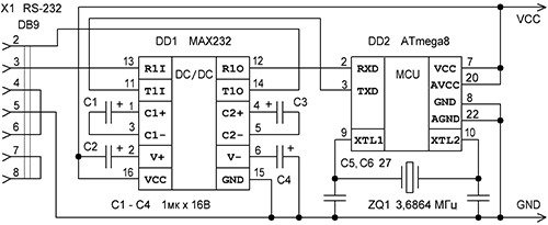 Схема соединения микроконтроллеров AVR с COM-портом